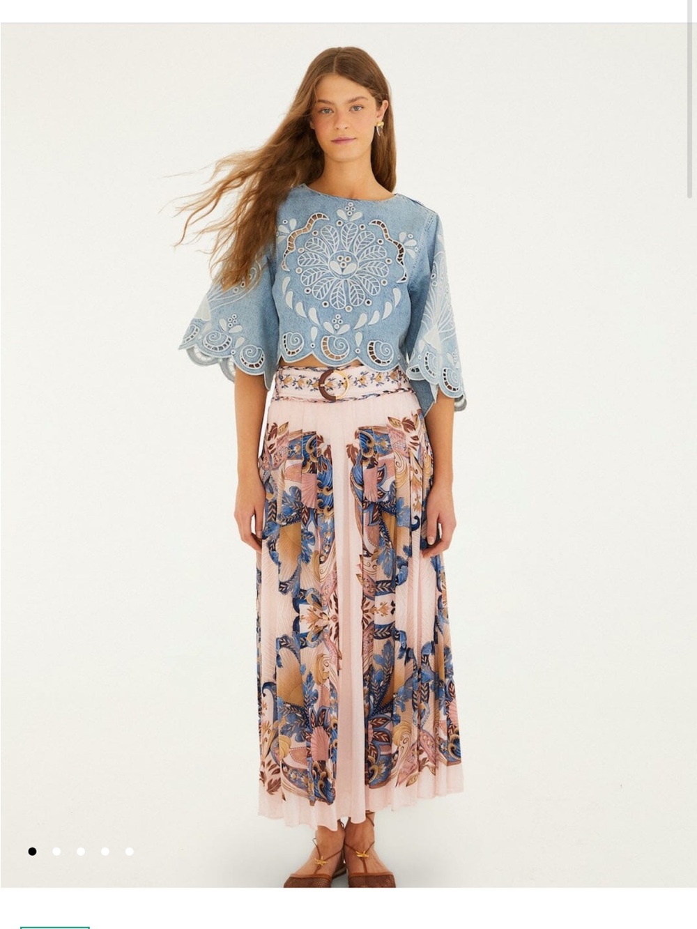 FARM Rio Pink Pleated Maxi Skirt with Shell themed Blue and Brown Floral Panels